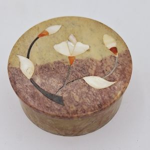 Carved Round Mother Of Pearl Inlaid Soapstone Trinket Box